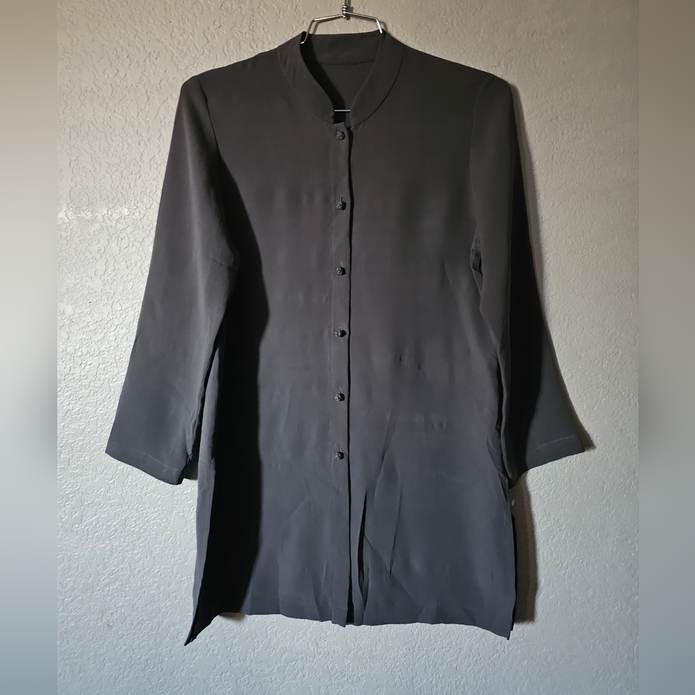 Eileen Fisher Check Pictures For Measurements  Black Button Up 100% Silk